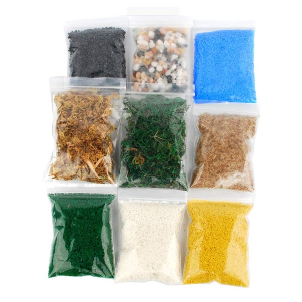 NWFashion 9 Bags Total 300Gram Scenery Basing Material Kit，Stone,Snow,Grass,Moss Stick,River,Desert