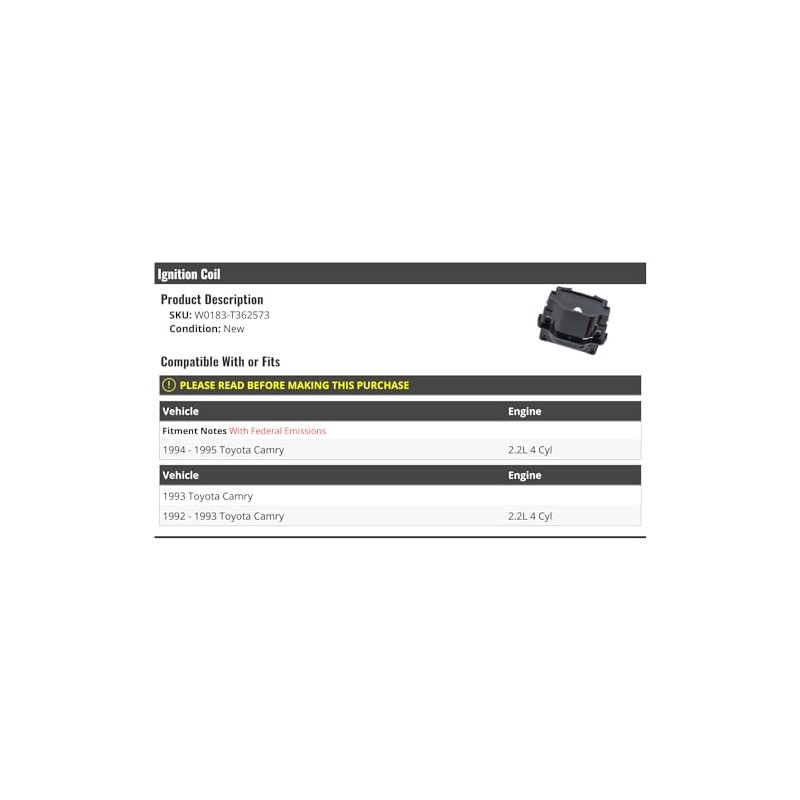 Ignition Coil - Compatible with 1992-1995 Toyota Camry 2.2L 4-Cylinder