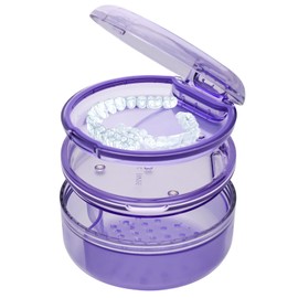 Coolrunner 2-in-1 Retainer Case Denture Case Retainer Cleaning Case, Denture Cup with Strainer, Leak Proof Denture Cup Soaking Holder for Dentures, Mouth Guard, Night Guard & Retainers (Purple)