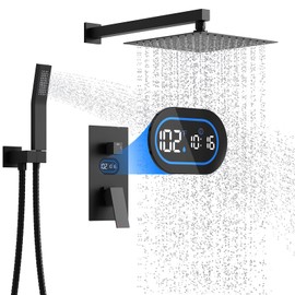 Shower Faucet Set with Hydro Power Temperature Display, Shower System Bathroom 12 Inches Shower Head with Handheld Spray, Wall Mounted Shower Fixtures with Shower Valve and Trim Kit, Matte Black
