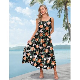 YESNO Summer Bohemian Floral Dresses for Women Spaghetti Straps Maxi Dress Casual Flowy Dresses with Pockets M ES0 CR433