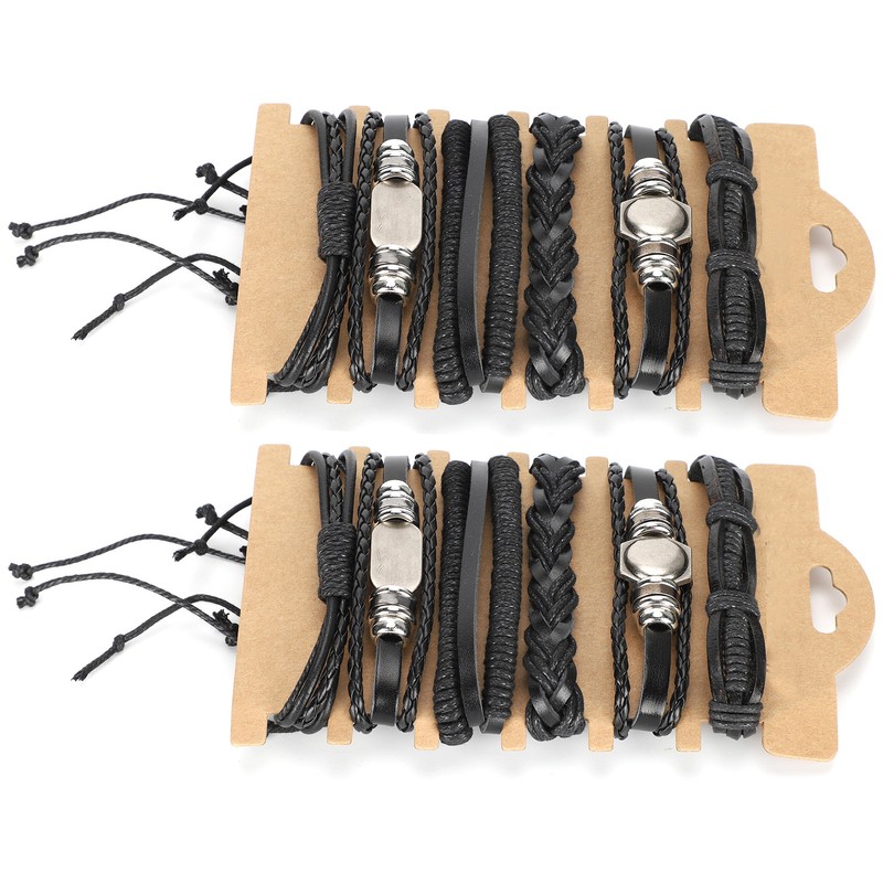 2Sets Adjustable Braided Bracelet Metal Inlaid Wristband Retro Style Cuff