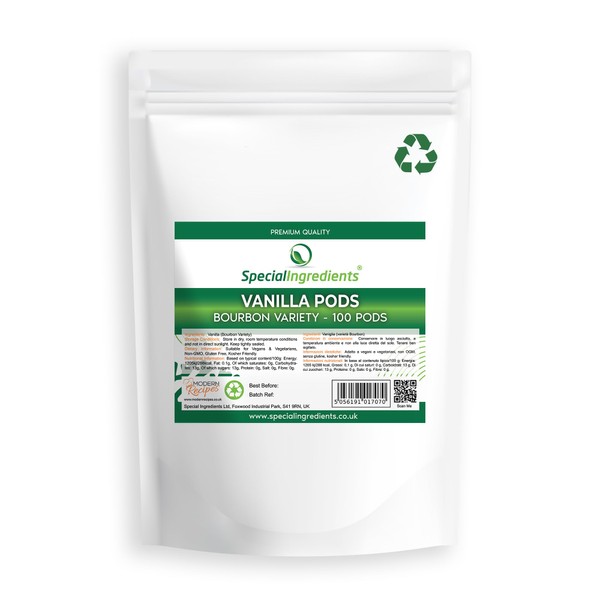 Special Ingredients Vanilla Bean Pods x100 Grade A Bourbon Variety Premium Quality Extra Large 16cm Plus Vegan, Non GMO - Recyclable Pouch