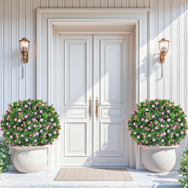 GSQQTE Artificial Boxwood Topiary Ball with Pink Flower Set of 2 25.5 Inches UV Resistant Artificial Shrub Bushes with Ground Spike Fake Evergreen Tree Artificial Plants for Outdoor Planters Indoor