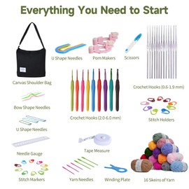 Reessy 70Pcs Crochet Kits for Beginners Adults, Complete Kids Crochet Set with 16 Colors Yarns 21 Sizes Ergonomic Crochet Hooks and Crochet Accessories, Beginners Crochet Kit with Crochet Bag