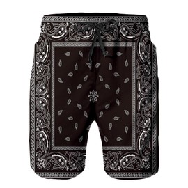 AIRMARK Mens Swim Trunks,Floral Paisley Black Bandana Pattern Bathing Suits Quick Dry Summer Board Beach Shorts with Mesh Lining and Pockets XL
