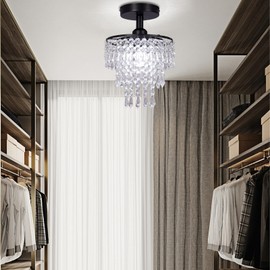 FRIXCHUR Small Crystal Chandelier Flush Mount Ceiling Light 3 Tiers Raindrops Crystal Chandeliers for Bedroom Hallway Foyer Living Room Entryway Closet,Black