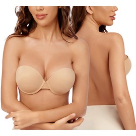 Wekofi Women’s Strapless Push Up Padded Underwire Sticky Invisible Adhesive Bra for Backless Dress(C,Beige)