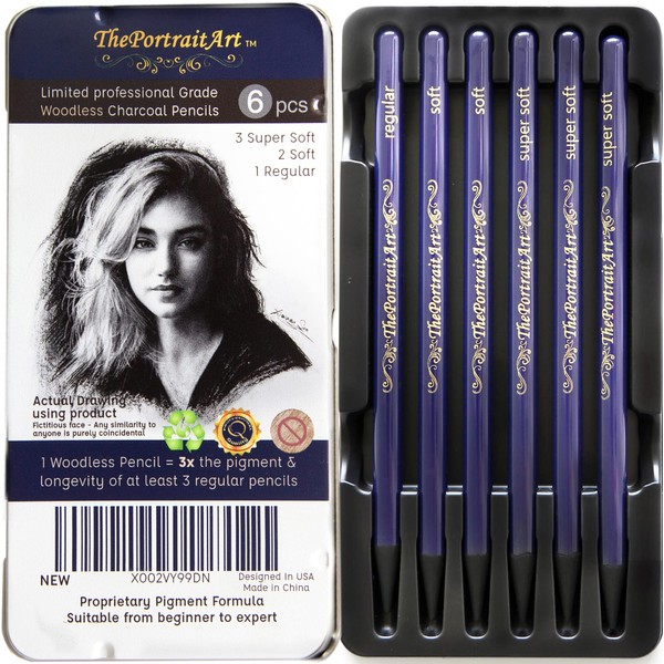 ThePortraitArt Artist Woodless Pure Charcoal Pencils - Ultra Soft and Dark – 6pc Set Equivalent to 25+ Regular Pencils – Smooth Consistency on All Drawing Papers