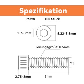 Dayalo Pack of 100 M3 x 8 Cylindrical Head Screws with Hexagon Socket Flat Head Screws Stainless Steel A2 V2A Fully Threaded Allen Screws with Key