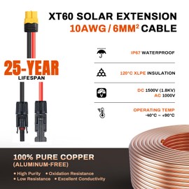 COCOSY XT60 Charge Extension Cable 100Ft 10AWG or 2/6/10/20/25/35/50/100Ft 6mm²/10AWG Solar Connector to XT60 Cable for Portable Power Station, LiFePO4 Battery, RV and Solar Generator