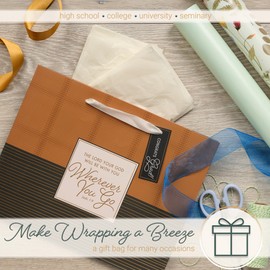 Christian Art Gifts Large Landscape Inspirational Scripture Gift Bag, Tag & Wrapping Tissue Paper Set for Grads: Wherever You Go Encouraging Bible Verse, Satin Handles, Charcoal/Light Brown w/Gold