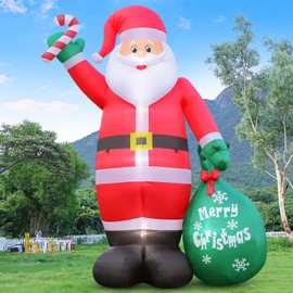 12FT Giant Christmas Inflatable Santa Claus with Candy Cane and Gift Bag Yard Decors, Easy Installation and Storage, Built-in Bright LED Lights for Xmas Outdoor Garden Lawn Holiday Party Decoration