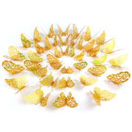 DERAYEE Butterfly Wall Decoration, 3D, Butterfly Shape, 60 Pieces, Wall Stickers, Stickers, Paper, DIY Interior, With Tape, Kids, Gift, Decoration, Butterflies (Gold)