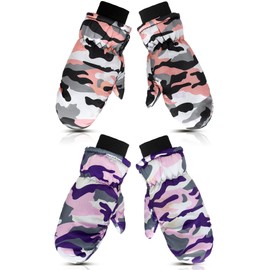 SATINIOR 2 Pairs Winter Kids Snow Mittens Unisex Waterproof Ski Mitten Winter Warm Gloves for Kids (3-5 Years,Purple, Light Pink)