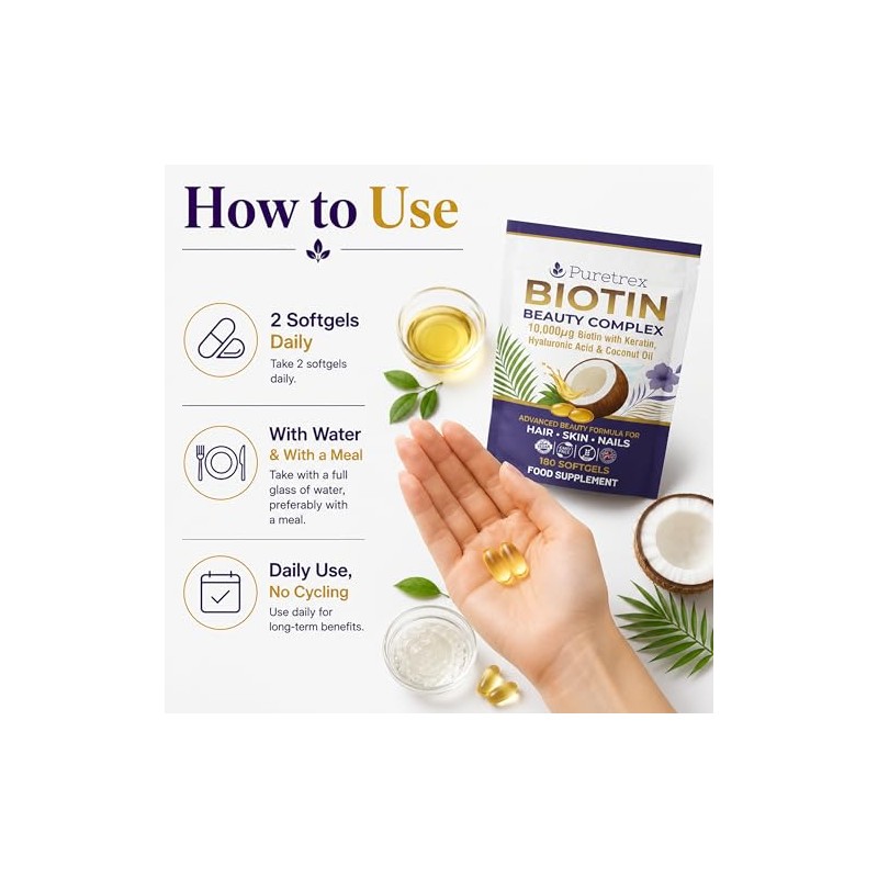 Puretrex Biotin 10, 000mcg Hair Skin and Nails Vitamins, 180