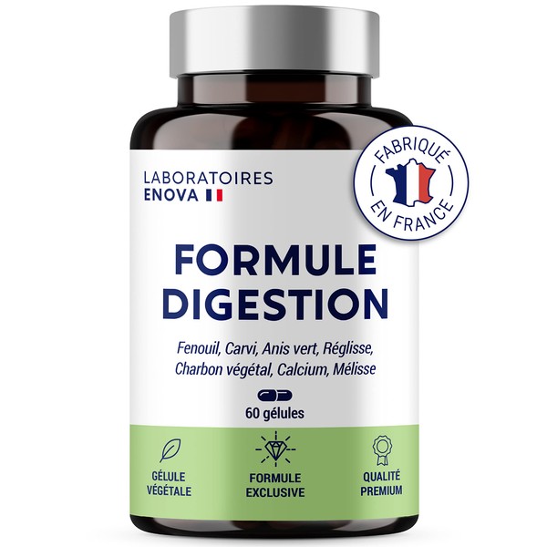 Digestion Formula | Fennel, Carvi, Green Lime Green, Licorice, Charcoal, Lemon Balm | Digestion, Intestinal Transit, Adult Constipation, Detox Colon | 60 Capsules | Food Supplement | Made in France