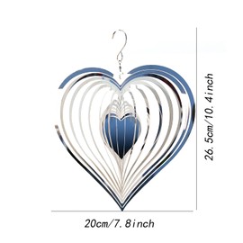 Wind Spinners, 3D Silver Steel Stainless Wind Hanging Spinner, Kinetic 360 Degree Spiral Wind Chimes, Wind Sculptures & Spinners, Metal Heart Spinner for Outdoors Yard Garden Décor (S 7.8x7.8inch)