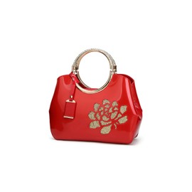 SMALLBLUER Top-handle Handbags Purse for Women Embroidered Flower Pattern Patent PU Tote Shoulder Bag Satchel-Red