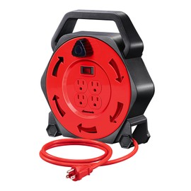 DEWENWILS Extension Cord Reel with 25 FT Power Cord, Hand Wind Retractable, 16/3 AWG SJTW, 4 Grounded Outlets, 13 Amp Circuit Breaker, Red, Red Cord, UL Listed