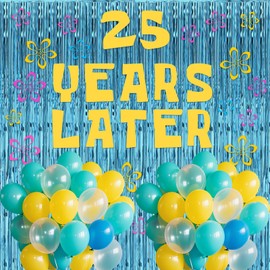 132Pcs Yellow Cartoon Party Decorations 12 Inch Clear Yellow Blue Balloons with Blue Tinsel Foil Fringe Curtains Bikini Flowers 25 Years Later Cutouts for Ocean Theme Birthday Decorations Baby Shower