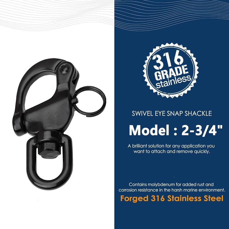 NECMETU Black Snap Shackle 316 Stainless Steel Swivel Shackle Sailing