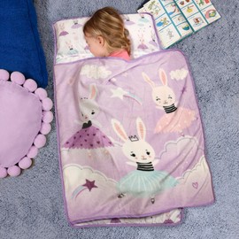 Bunny Ballerina Toddler Naptime Blanket with Attached Removable Pillow, 44”x20” Kids Super Soft Rest Nap Mat, Rollup and Close with Straps & Carry Handle for Preschool, Daycare and Sleepovers