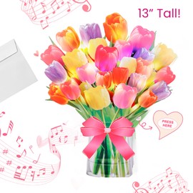 3D Popup Mother's Day Card | Musical Lights Up Tulips Bouquet Cards | Decorative Floral Bouquet Greeting Cards | Includes Envelope and Blank Note Card | Perfect for Birthday, Anniversary, All Occasion