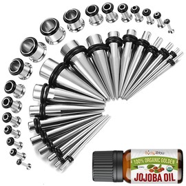BodyJ4You 37PC Ear Stretching Kit - Beginner Gauges 14G-00G Starter Set - Aftercare Jojoba Oil - Steel Tapers Single Flare Plugs Tunnels - Women Eyelet Mens Earrings Expander Piercing Jewelry
