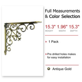 NACH Decorative Shelf Brackets, 1 Pack of 15 x 2 x 15 inch, Gold Cast Iron Wall Shelf Brackets - Decorative Bookshelf Brackets - Victorian Style Shelf Bracket