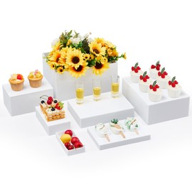 Leinuosen 7 Pcs Buffet Risers Set Rectangle Acrylic Display Box 6" 7" 8" 9" 10" 11" 12" Large Food Risers for Buffet Table 5 Sided Display Stand with Hollow Bottom Nesting for Wedding Party(White)