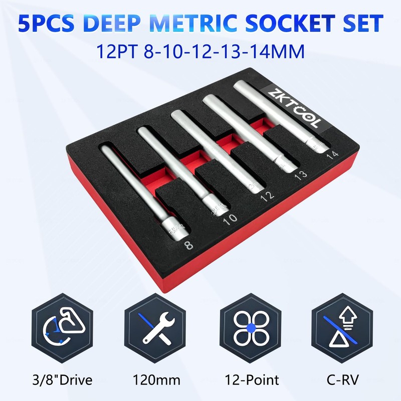 ZKTOOL 5PC Deep Metrichex Socket Set, 3/8-Inch Drive Deep Metric