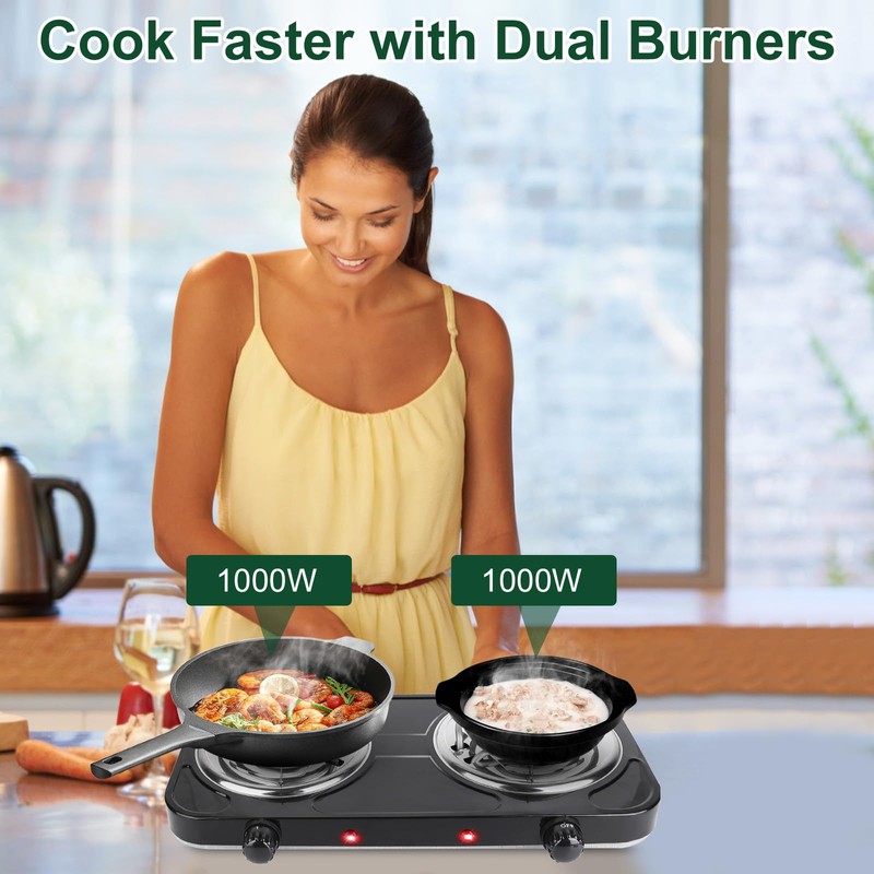 Double Burner Cooktop, 2000W Portable Electric Stove, 5 Level Temperature