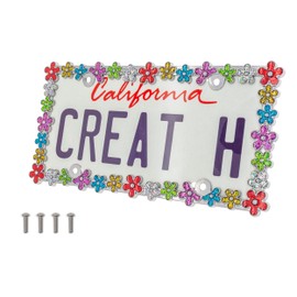 creathome Creathome 3D Shining Daisy Wrenth License Plate Frame from Pure Zinc Alloy Metal Perfect Plate Holder, Chrome with Colorful Glitter