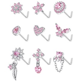 ORAZIO 9Pcs 20G Nose Rings Studs for Women Stainless Steel Nose Stud L Shaped Cute Dangle Nose Rings Butterfly Heart Star Feather Flower CZ L Shaped Nose Ring Studs Silver Dangling Nose Piercing