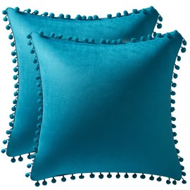 DEZENE Throw Pillow Cases 18x18 Turquoise: 2 Pack Cozy Soft Pom-poms Velvet Square Decorative Pillow Covers for Farmhouse Home Decor