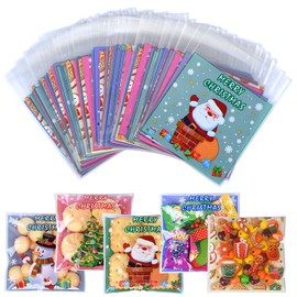 Christmas Cellophane Bags, 100 Pcs Clear Resealable Christmas Cellophane Treat Bags, Sealed Plastic Cellophane Gift Bags with Adhesive Closure for Snack, Cookie & Candies, Christmas Party Supplies, 4*4 Inches (5 Styles)