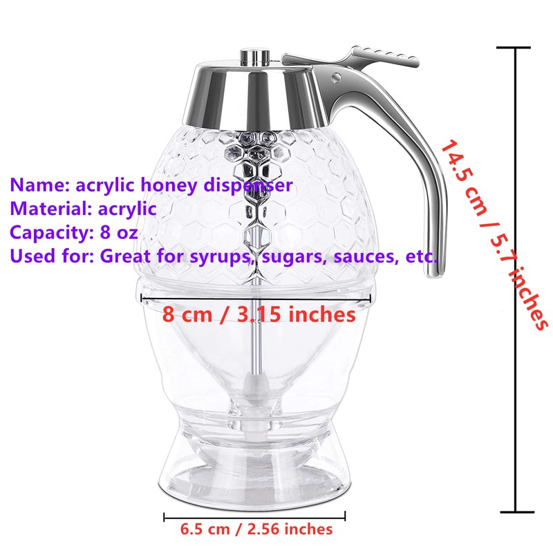 TONGMAN Acrylic Honey Dispenser,Syrup Dispenser, with Stand Honey Container ，Beautiful
