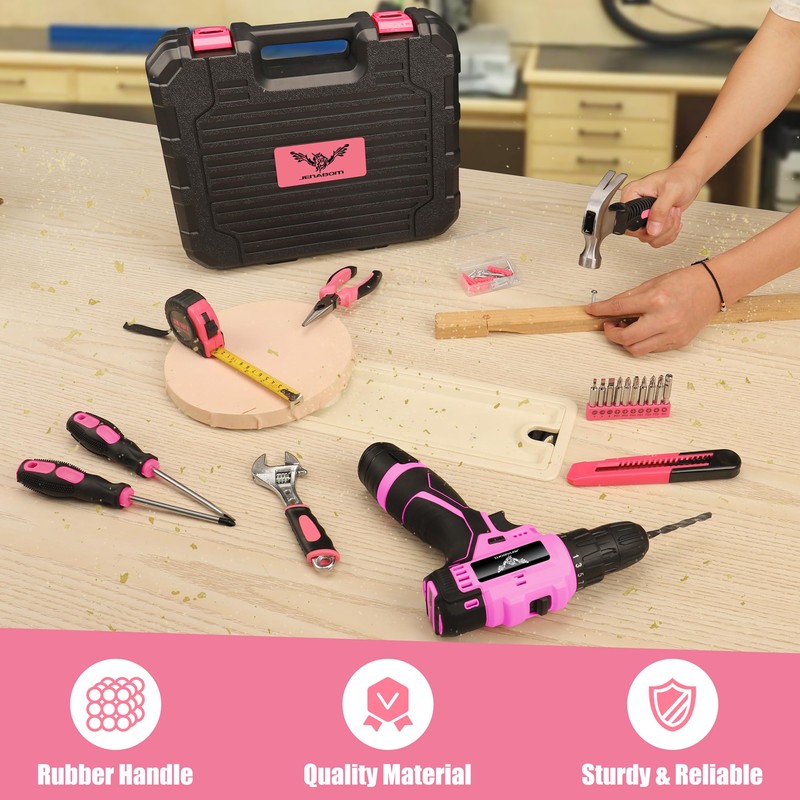 JENABOM Pink Tool Set - 12V Cordless Drill Kit, 151