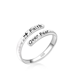 Tufeney Faith Over Fear Ring for Women - 925 Sterling Silver Hypoallergenic Hope Hammered Adjustable Ring Cross Inspirational Jewelry Encouragement Gift, Sterling Silver, No Gemstone