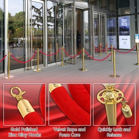 Hrokz 5 Ft Velvet Stanchion Ropes Red, 4 Pack Crowd Control Rope Safety Queue Barrier with Gold Hook, VIP Rope for Party Events Decor