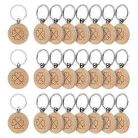 efuturetime 24pcs Wooden Key Ring with Clover, Round, Lucky Charm Key Fob Clover Wood Laser Printed, Key Pendant for Decoration, Gifts