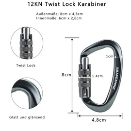 BRAVESHINE Carabiner Hook, 12KN Twist Lock Carabiner 80 mm Aluminium Carabiner Hook Large with Load Capacity up to 1200 kg for Hammock Awning Swing, Pack of 2