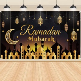 DUGEHO Ramadan Decorations, Ramadan Mubarak Background Banner, Black and Gold Muslim Ramadan, Eid Mubarak Decoration Accessories, Photo Stand for Wall, Home, Indoor, Outdoor (72.8 x 43.3 Inches)