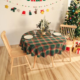 Jeloris Plaid Round Tablecloth Cotton Linen Checkered Table Cover for Dining Kitchen Holiday Party (48 inch, Red)