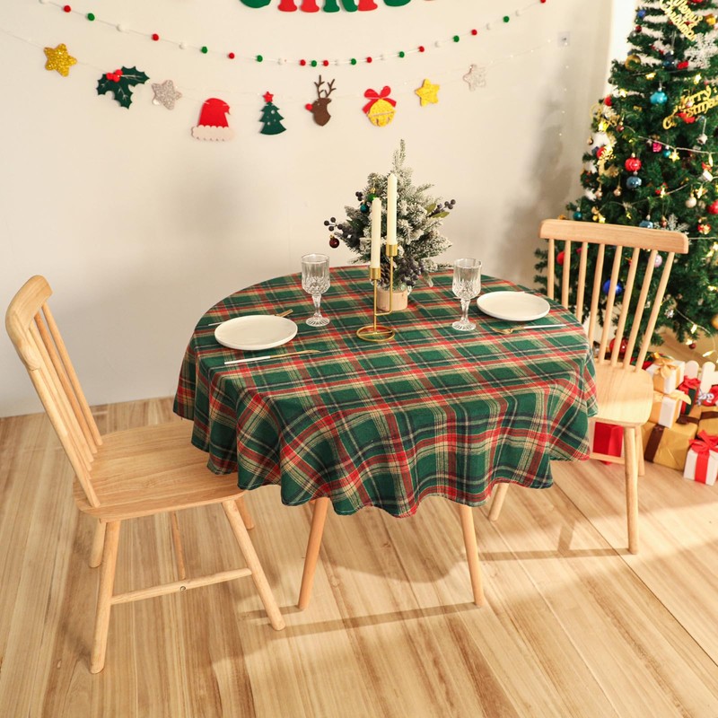 Jeloris Plaid Round Tablecloth Cotton Linen Checkered Table Cover for