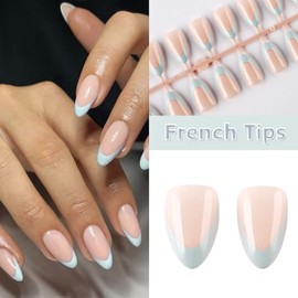 French Tip False Nails Medium Oval - 24PCS Baby Blue-edge Nude Based Almond Press on Nails - Light Blue Almond Short Fake Nails with Glue - Glossy Full Cover Reusable Stick on Nail for Women Nail Art