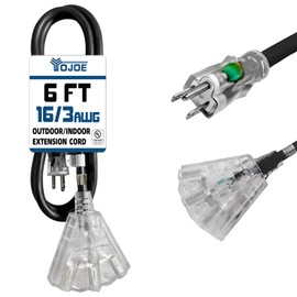 YOJOE 3-Outlets Indoor Outdoor Extension Cord with Lighted End, 3 Prong 13A Weatherproof Power Cord, 16 Gauge Heavy Duty 6 ft Black Extension Cord Multiple Outlets, 16/3 SJTW UL Listed