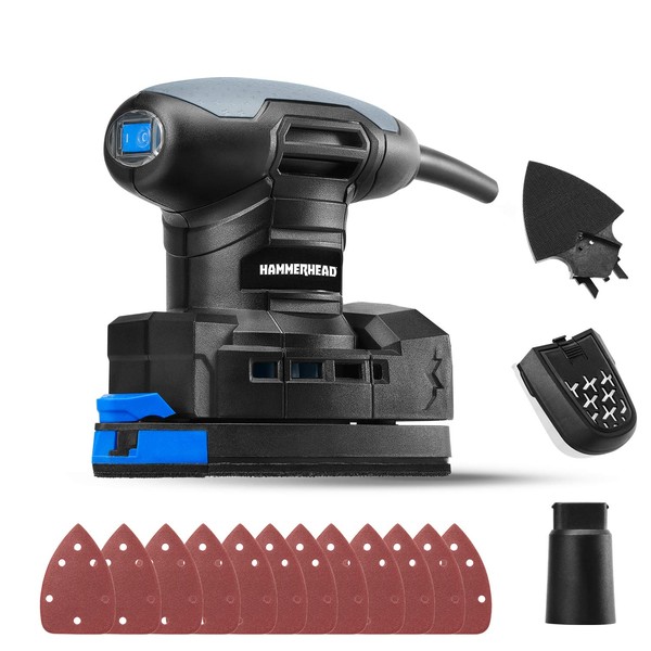 Hammerhead 1.4-Amp Multi-Function Detail Sander with 12pcs Sandpaper, Dust Collection System, and Detail Attachment - HADS014