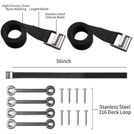 UCEDER 56" Battery Tie Down Strap Kit Battery Hold Down Strap with Stainless Steel 316 Cam Buckle, 4 Stainless Steel 316 Eye Strap Mounts, 8 SS Screws (2 Pack)